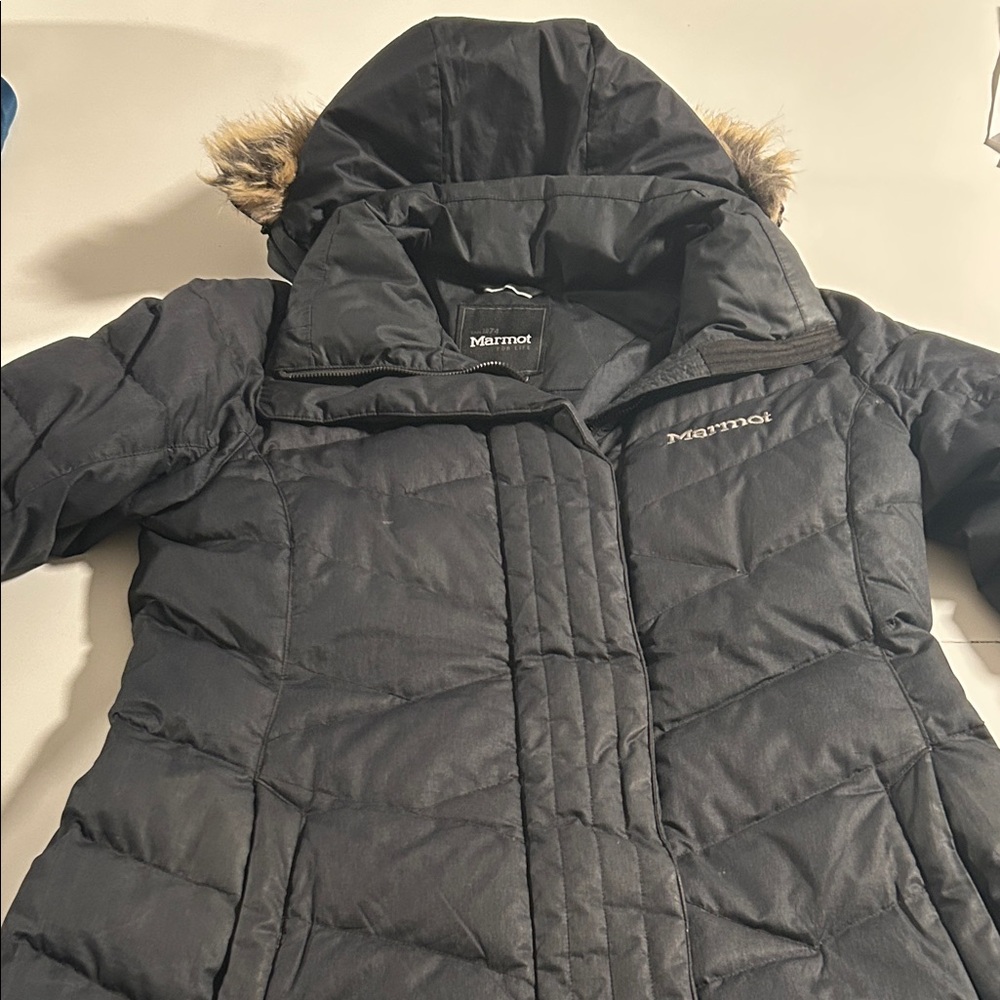 Marmot Dark Gray Quilted Jacket with Fur Trim